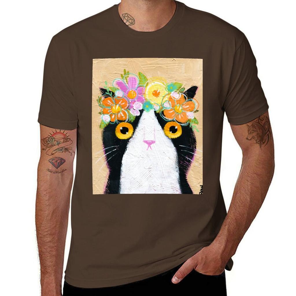 Kittys Flower Crown TShirt Aesthetic Clothes Customs for a Boy Black Tshirts for Men