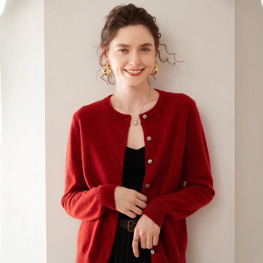 Women's Solid Color Cashmere Cardigan: Twelve-Needle, Round Neck, Loose, Single-Breasted, Slimming, Warm Sweater.