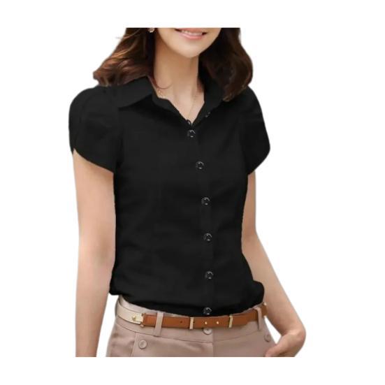

Женская летняя рубашка с лацканами и лепестками, с коротким рукавом, приталенная рубашка с карманом, однотонная однобортная рубашка, топы, офисные топы L чёрный