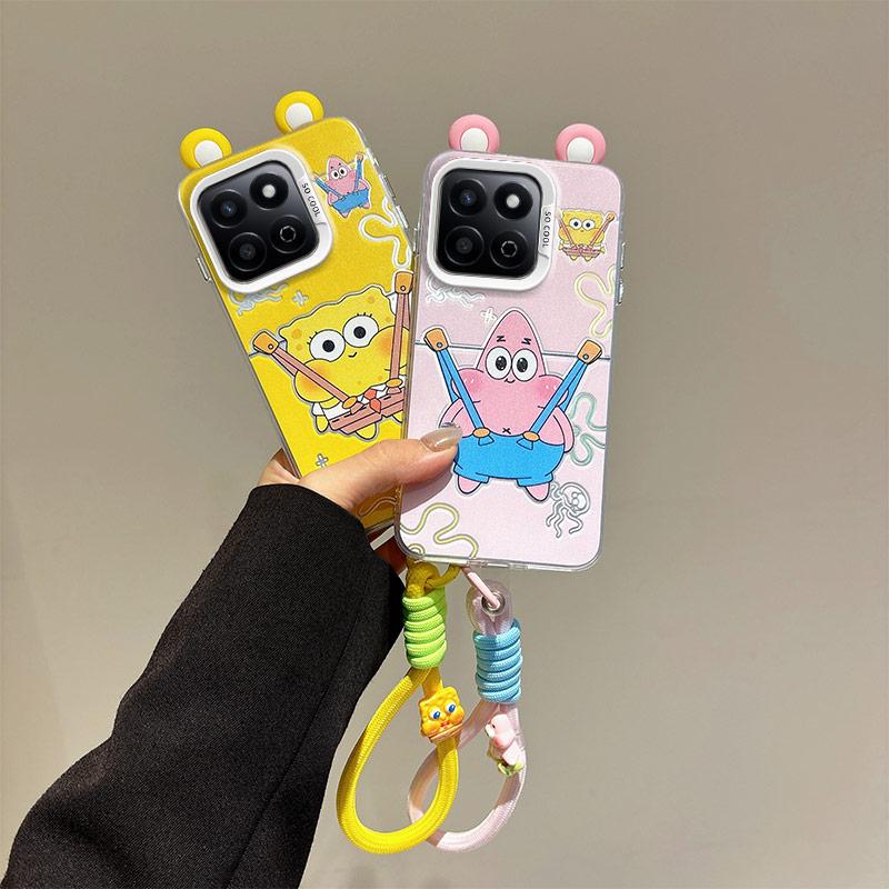 KEYSION Cute Ear Cartoon Case for HONOR X7c with Lanyard Soft Silicone+PC Shockproof Phone Cover for Huawei Honor 200 Smart 5G