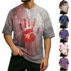 Men Waffle Knit Raglan Sleeve Short Sleeve Shirt with Halloween Pumpkin Print Casual Henley Neck Button Design Top