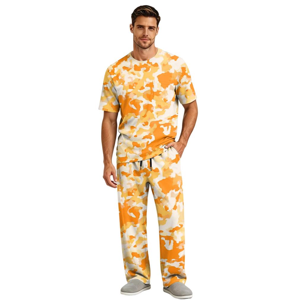 Herren Kurzarm-Schlafanzug-Set mit langer Hose, Schrittknopf und elastischem Kordelzugbund für zu Hause