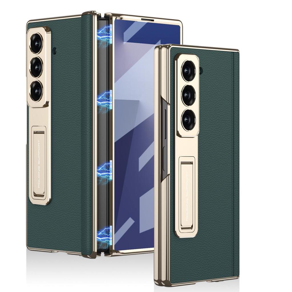 Samsung Z Fold7 Electroplated Leather Magnetic Case with Bracket - Anti-drop Protective Cover