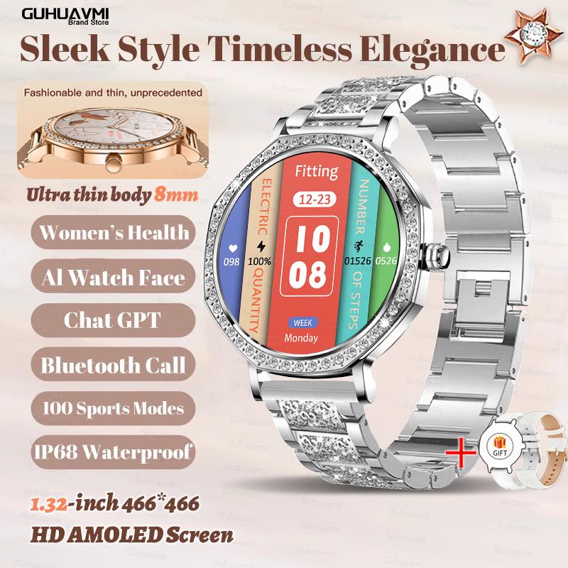 New Luxury Diamond Smart Watch For Women 8mm Ultra Thin Body Bluetooth Call Heart Rate IP68 Waterproof Smartwatch Rose Gold