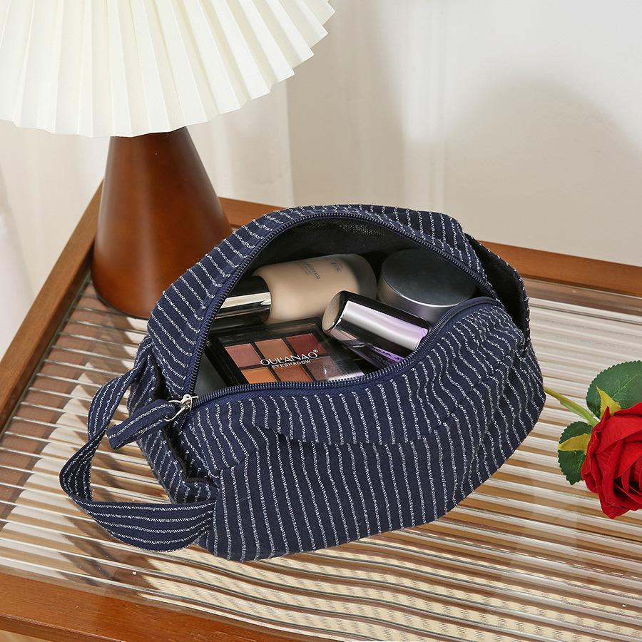 Classic Striped Makeup Bag Large Capacity Portable Cosmetic Bag Cotton Linen Fabric Dark Zipper Skin Care Travel Toiletry Bagportable Storage Bag