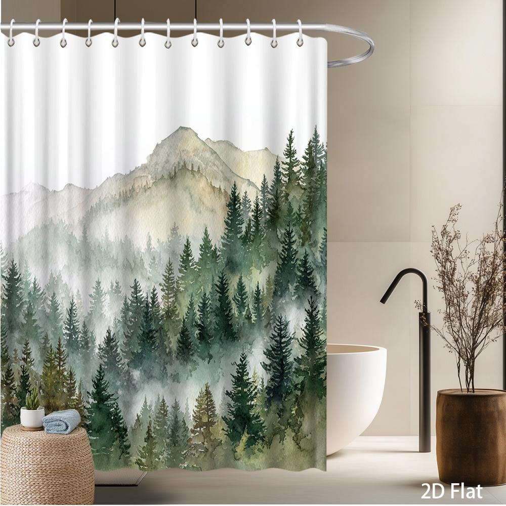 

Mountain & Forest Shower Curtain – Watercolor Nature Design, 2D Flat, Machine Washable, Includes Hooks, Multiple Sizes W60H190(CM)-1 Pcs