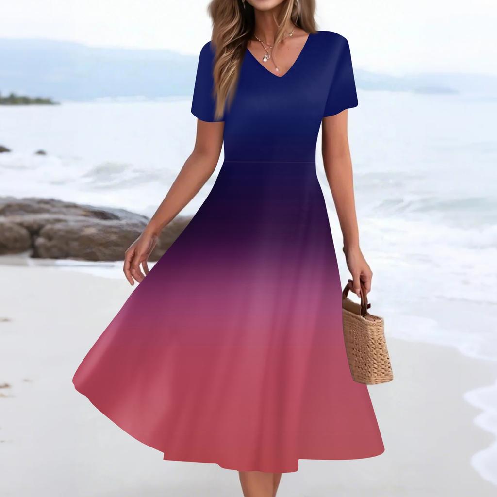 Women's Summer Casual Fashion Print Pocket Short Sleeve V-Neck Swing Dress
