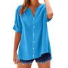 Women Shirt V-Neck Half Sleeve Buttons Placket Shirt Solid Color Loose Fit Summer Casual