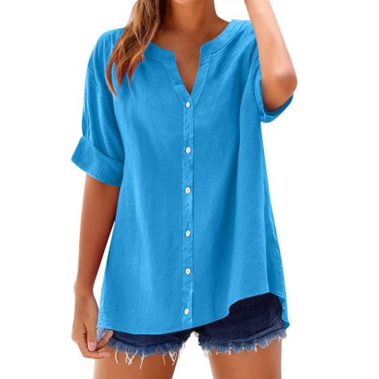 Women Shirt V-Neck Half Sleeve Buttons Placket Shirt Solid Color Loose Fit Summer Casual