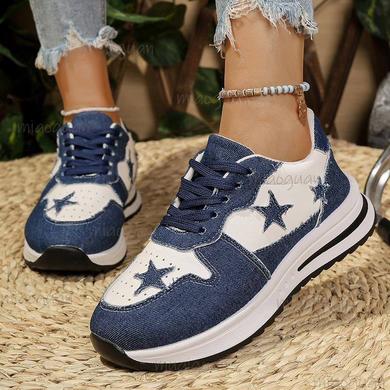 Fashion Patchwork Platform Sneakers Women Star Canvas Thick Bottom Vulcanized Shoes Woman's Breathable Lace Up Shoes Tenis De Mujer