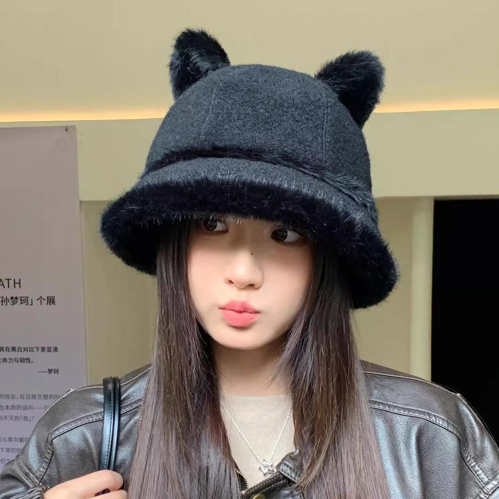 Autumn and Winter New Rabbit Fur Double Ball Basin Hat Cute Soft Cute Bear Ear Hat Women's Cold Bucket Hat