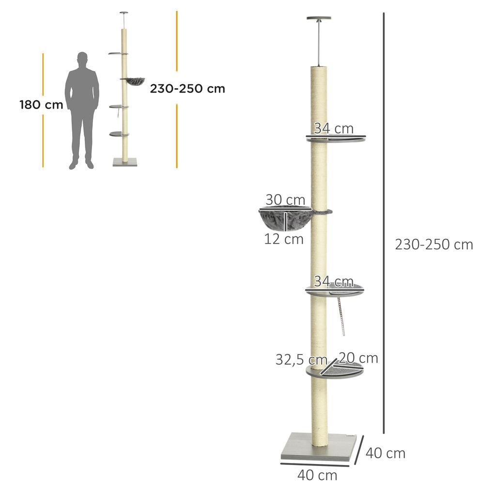 250cm Boden-zu-Decke Kratzbaum mit Hängematte, Kratzbaum