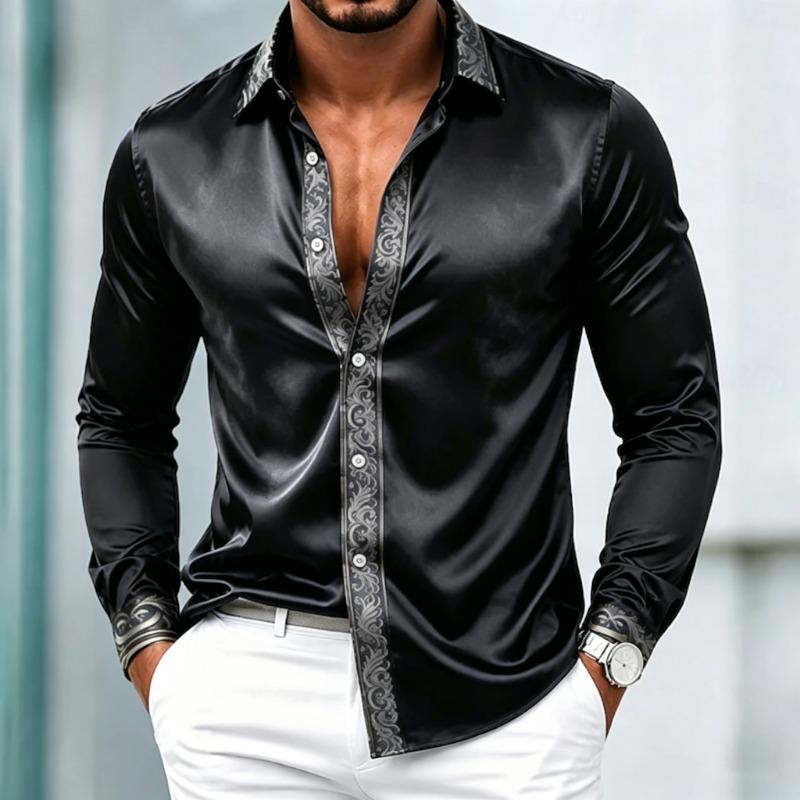 Light luxury satin smooth men's long sleeved formal shirt with a lapel, Baroque gold patterned placket, and cuffs trimmed with