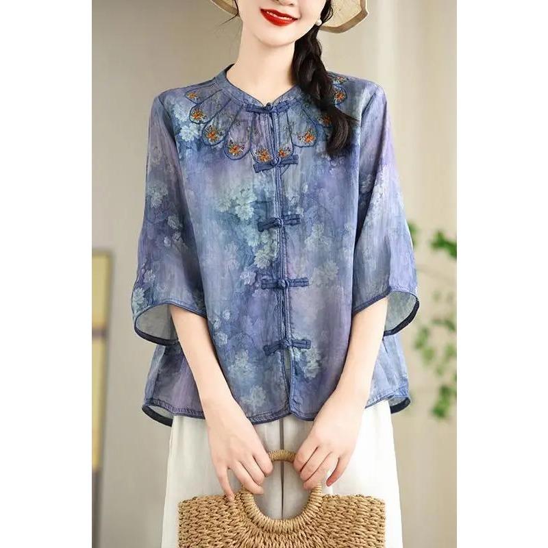 

Women Blue Floral Embroidery Chinese Button Ramie Blouse M синий