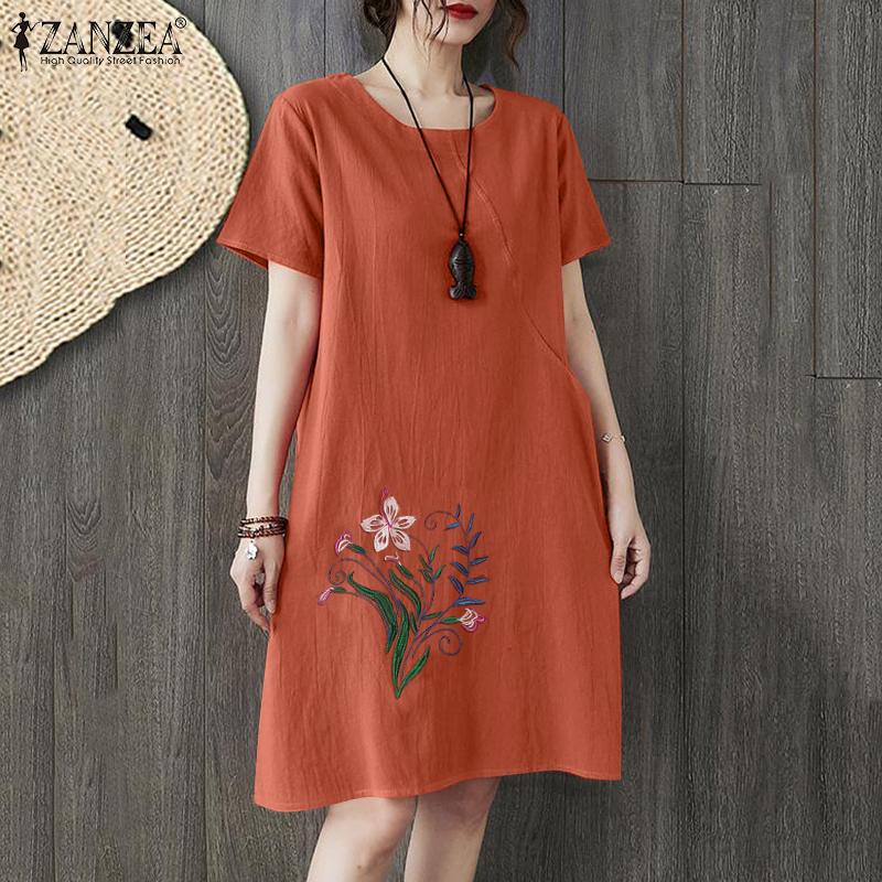 

ZANZEA Женское повседневное летнее платье с коротким рукавом и круглым вырезом с цветочной вышивкой