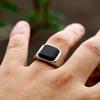 Huajie Herren Schwarzer Achat Quadratischer Silber Punk Ring