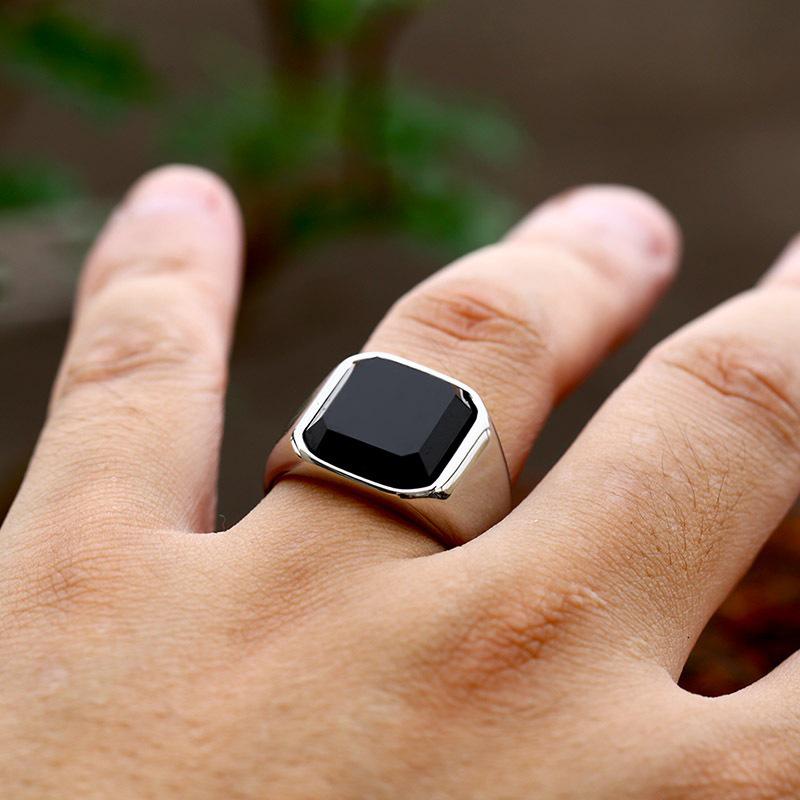 Huajie Herren Schwarzer Achat Quadratischer Silber Punk Ring