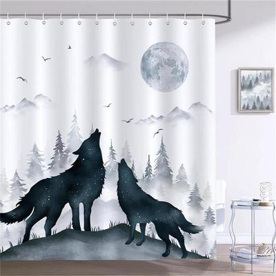 Forest Wolf Shower Curtains Full Moon Mountain Winter Cedar Grey Blue Bathroom Decor Polyester Fabric Bath Curtain with Hooks