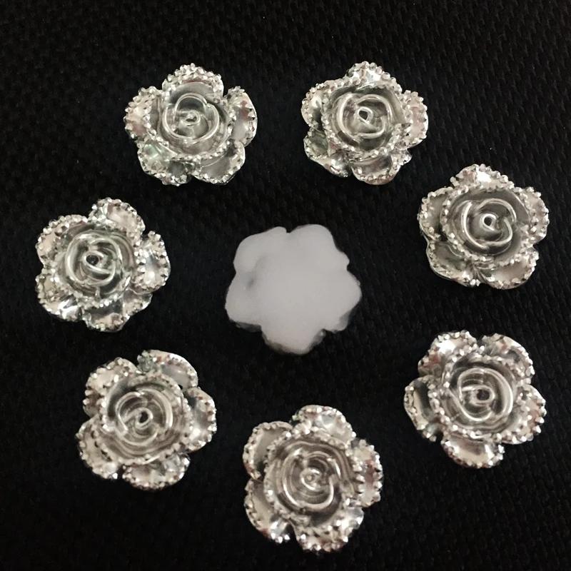 40 STÜCKE 14mm Silber Blume Rose Harz Strass Flatback Cabochon Stein DIY Handy/Schmuck Scrapbooking Zubehör HA353