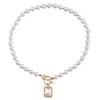 Luxury Imitation Pearl Necklace with Beaded OT Buckle & Rectangular Micro-Inlaid Diamond Pendant
