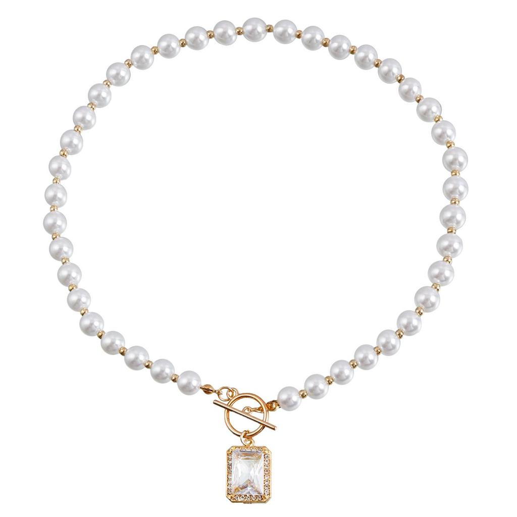 Luxury Imitation Pearl Necklace with Beaded OT Buckle & Rectangular Micro-Inlaid Diamond Pendant