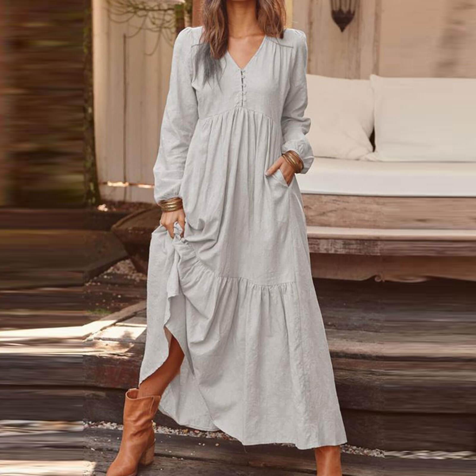 

Women s Long Sleeve Dress Button Cotton Linen Retro Casual Dress Dress M