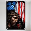 Jesus Christ Crown of Thorns Hammer Nail Blood Red Object with Torn American Flag Dark Background Religious Patriotic Metal Tin