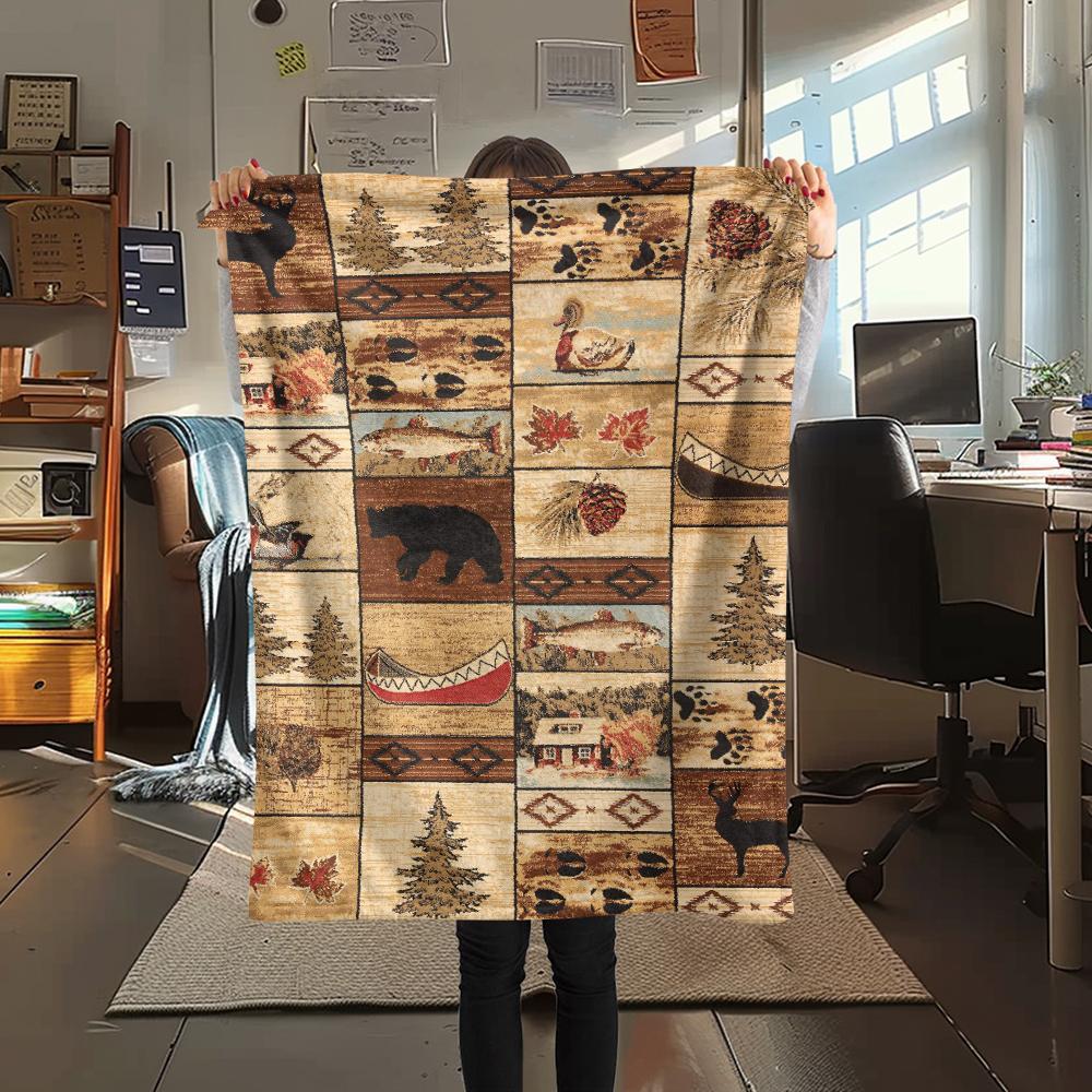 1Pc Cabin Bear Print Flannel Blanket, High Quality Comfortable for All Seasons, Home Decor, Warmth and Comfort, Perfect for Gifts