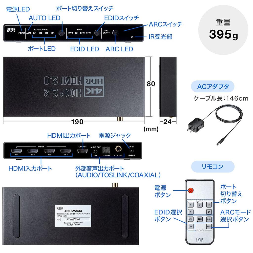 Sanwa Direct HDMI 4K 4 1 Optical Digital Remote Control Compatible with Switch and Switcher, 60Hz, Inputs, Output, Auto/Manual Switching, ARC,