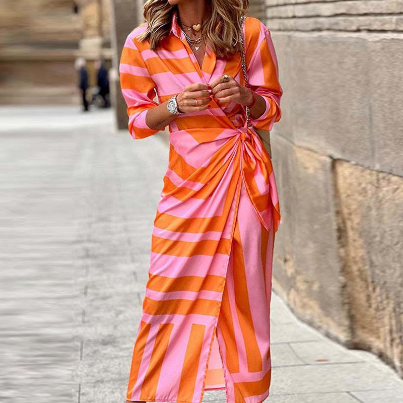 Women s Fashion V-neck Sexy Long Dress Floral Printed Lace-up Casual Vintage Dress S