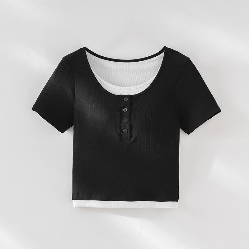 

Women s Spring/Summer Color Block Yoga Vest: White, Fake Two-Piece, Short Sleeve, Loose Slim Fit Extra Large чёрный