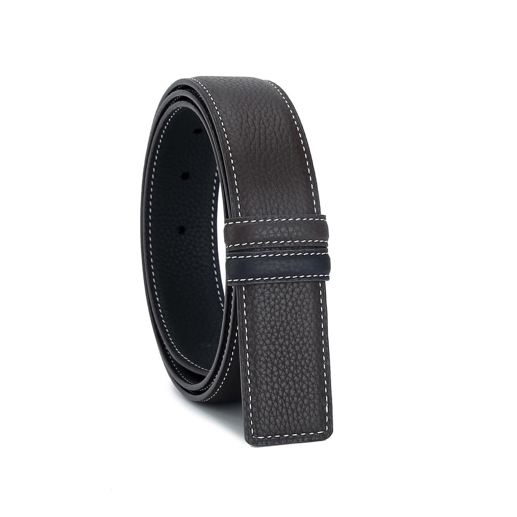 3.4" Wide Double-Sided Lychee Grain Cowhide Belt with White Lines and Perforations, All-Match Style, Top Layer Cowhide