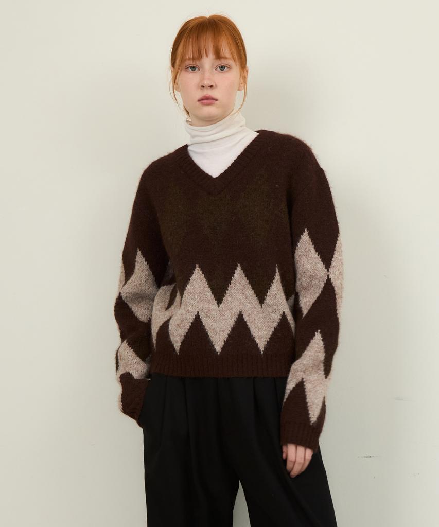 Wednesday Oasis For Woman Always Crop Argyle Hairy Wool Knit 2 Colors