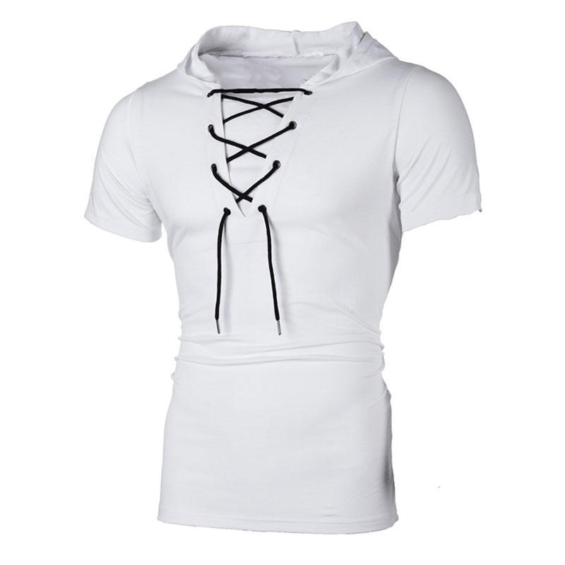 Herren T-Shirt Sommer Persönlichkeit Kapuzen-Tees Schnürung Kurzarm T-Shirt Homme Slim Fit Sportbekleidung Kleidung Herren T-Shirt