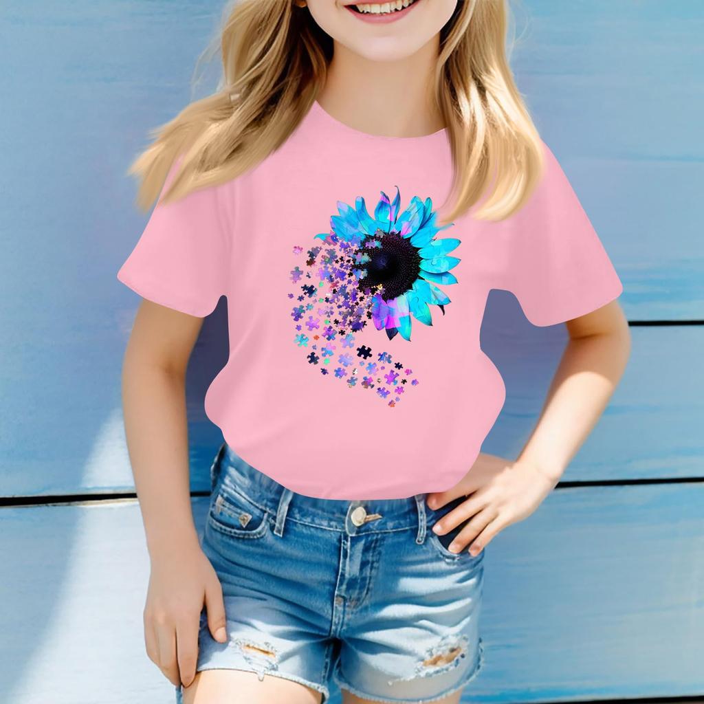 Children's Round Neck Casual Floral Small Print Short Sleeve T-shirt Top