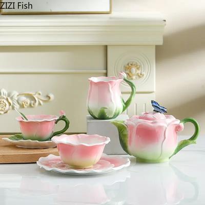 European Creative Flower Mug Couples Afternoon Tea Ceramic Coffee Cup Set Office Kungfu Tea Set Home Drinking Set Friend Gift