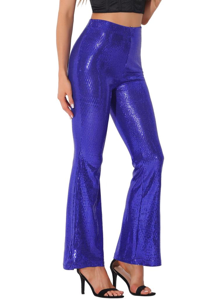 Allegra K Women's Polka Dot and Sequined Belle Stretch Shiny Flare Pants In Blue Purple, Size XL