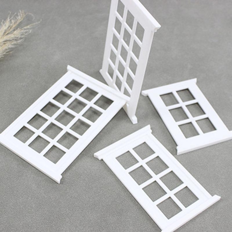 White Miniature Doll House Window Frame With Panels For Customizable Doll Accessories