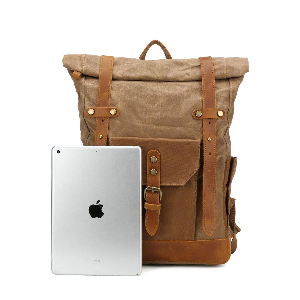Retro Waxed Canvas Backpack with Leather Trim - Large Capacity, Pepper Salt Design, In Stock