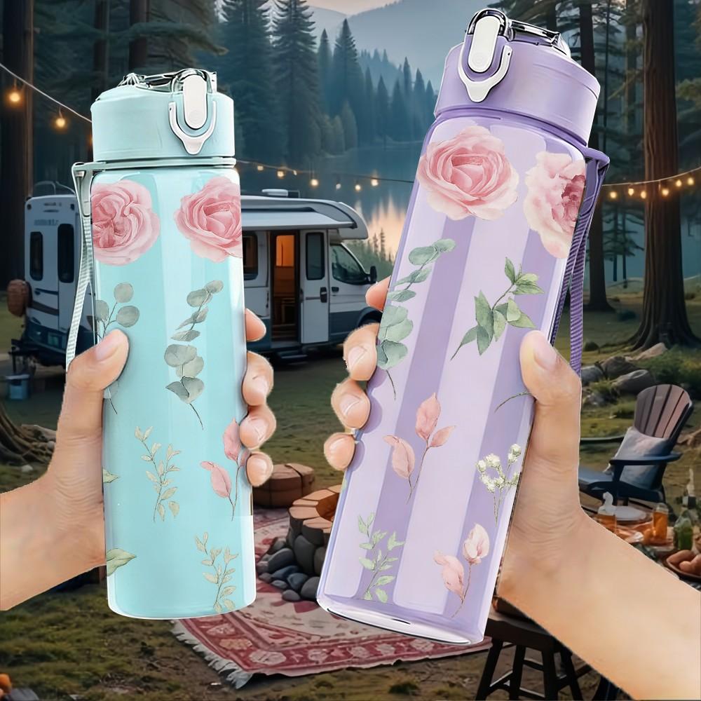 1PC Soft Pink Rose Floral Simple Pattern 750ml Color Plastic Sports Water Bottle Leakproof Flip Straw Lid Suitable for Sports Office Home Use