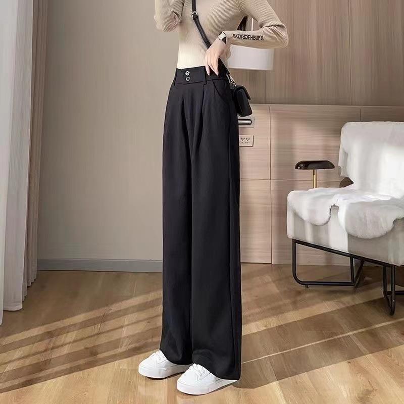 Drapey Woolen Wide-leg Pants for Women in Autumn and Winter New High-waisted Narrow Straight-leg Pants Loose and Versatile S чёрный