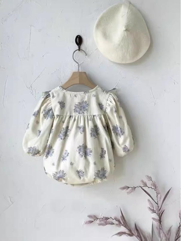 Nordic A-Class Baby Girl Floral Corduroy Romper with Puff Sleeves