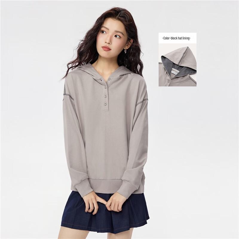 Giordano Women's Relaxed Fit Color Block Half-Zip Hooded Cotton Sweatshirt