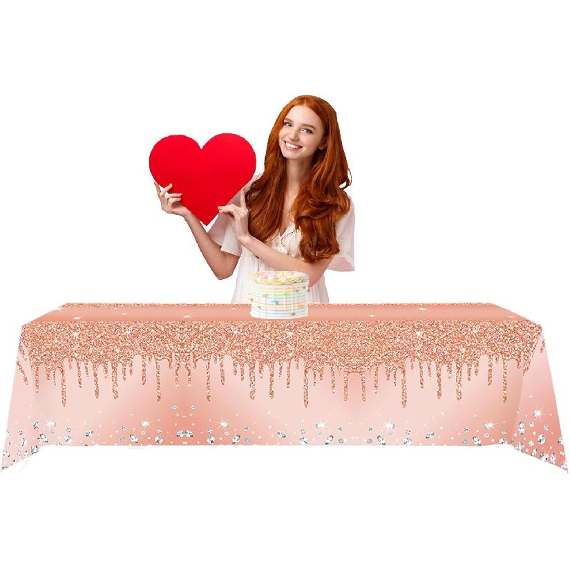 2Pcs Pink Rose Golden Birthday Party Tablecloths Rose Gold Sequin Plastic Table Cover, Pink Rose Gold Birthday Party Supplies Decorations for Girls