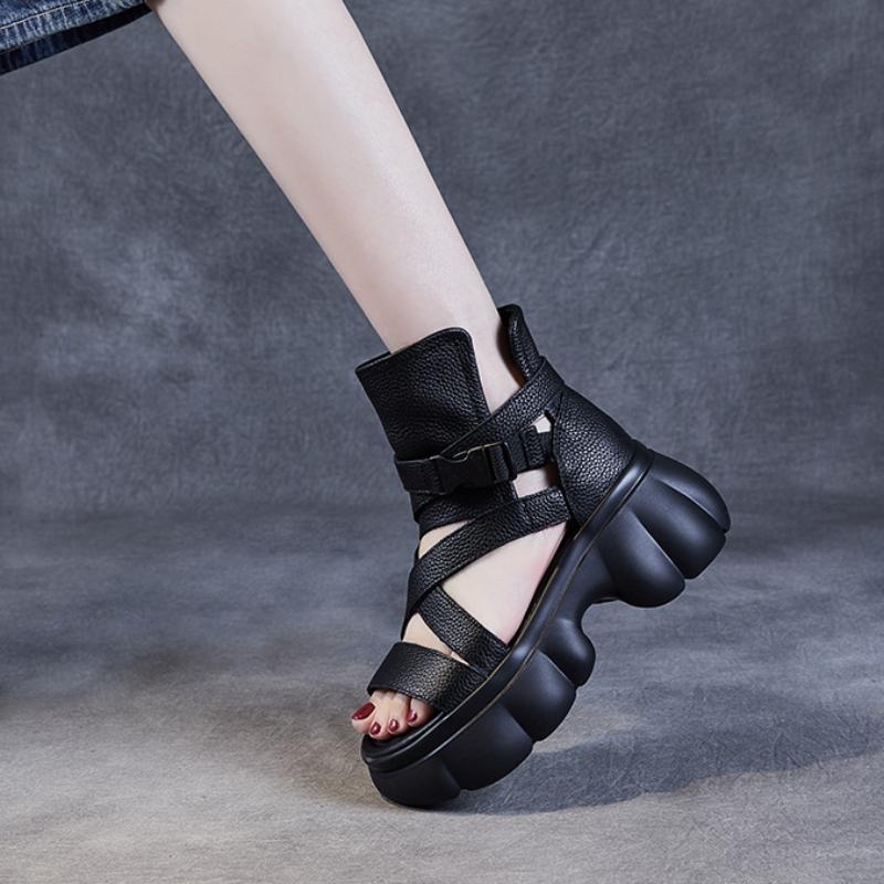 Johnature Roman Style Thick Sole Sandals Women's Shoes Genuine Leather Peep Toe Thick Heel Platform Sandals