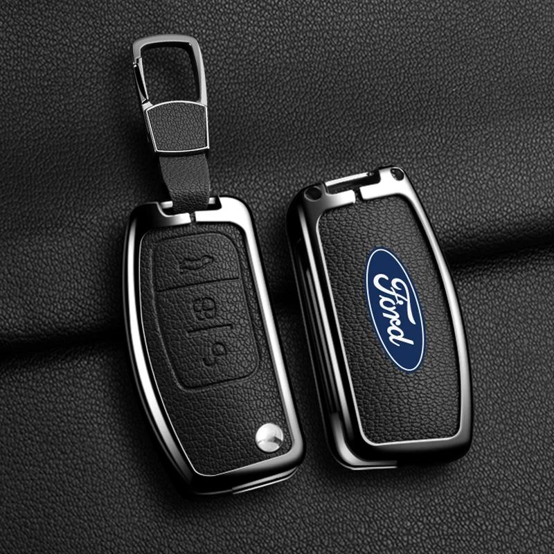 Car Sticker Hot For Ford Zinc Alloy Leather Car 3 Buttons Flip Key Case Cover Smart Remote Shell For Ford Fiesta Focus MK2 Monde