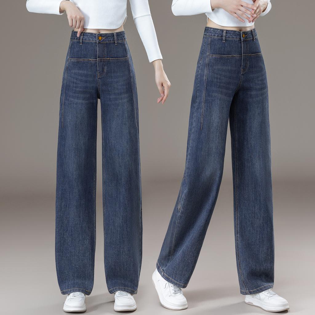 Women's High Waist Wide Leg Jeans Baggy Pants Retro Vintage Patchwork Pocket Casual Denim Pants Winter Fleece Lined Jeans