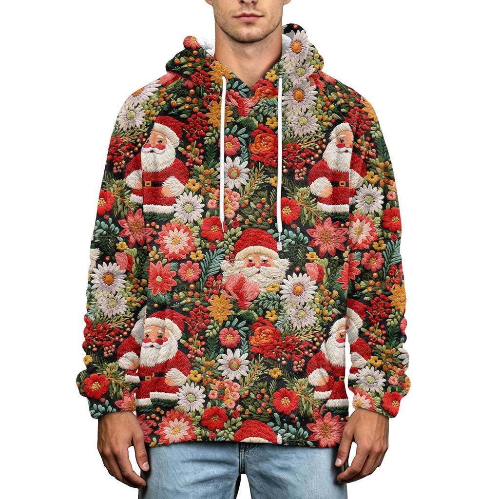 Men's Christmas Print Flannel Hoodie Hooded Casual Pullover Sweatshirt for Fall Winter