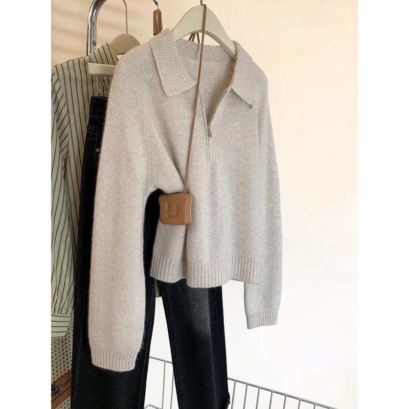 Dark Gray Lapel Half Zipper Sweater Knitted Sweater Women's Autumn and Winter New Lapel Small Sweater Top