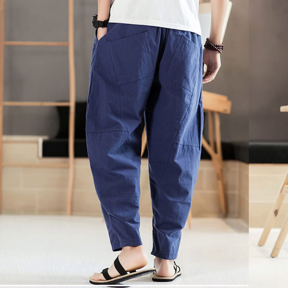 [Aaronlive] Men's Linen Sarouel Pants, Plain, Popular Casual Pants, Adjustable Drawstring, Plus Sizes, Wide Leg Pants, Relaxed Fit, All Seasons (Sprin
